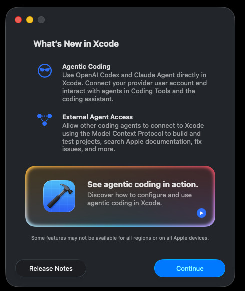 «What's New in Xcode» panel in the Xcode 27 beta with Agentic Coding (OpenAI Codex and Claude Agent) and External Agent Access via Model Context Protocol (MCP).