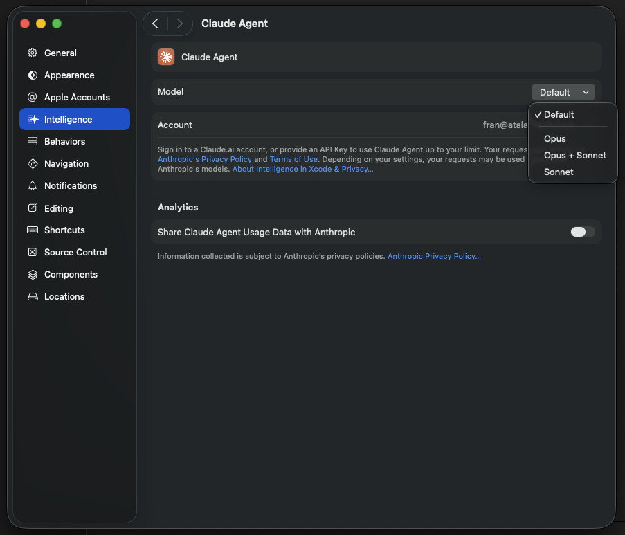 Claude Agent configuration in the Xcode 27 beta with the model selector expanded: Default, Opus, Opus + Sonnet and Sonnet.